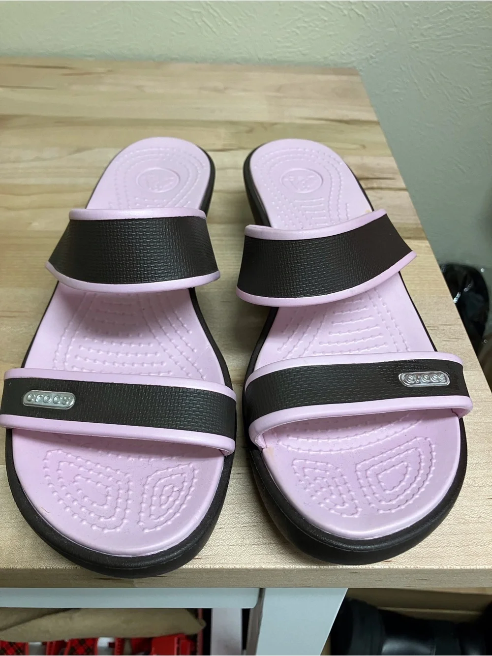 CROCS Two-Strap Slide Sandals in Light Pink and Dark Brown
